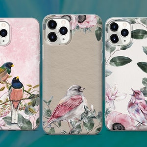 Pink Spring Birds Phone Case Floral Cover for iPhone 15 14 13 12 Pro 11 XR SE, Samsung S23 S22 A73 A53 A13 A14 S21 Fe S20, Pixel 8 7 6A