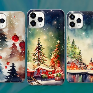 Christmas Watercolor Phone Case Xmas Gift Cover for iPhone 15 14 13 12 Pro 11 XR SE, Samsung S23 S22 A73 A53 A13 A14 S21 Fe S20 Pixel 8 7 6A
