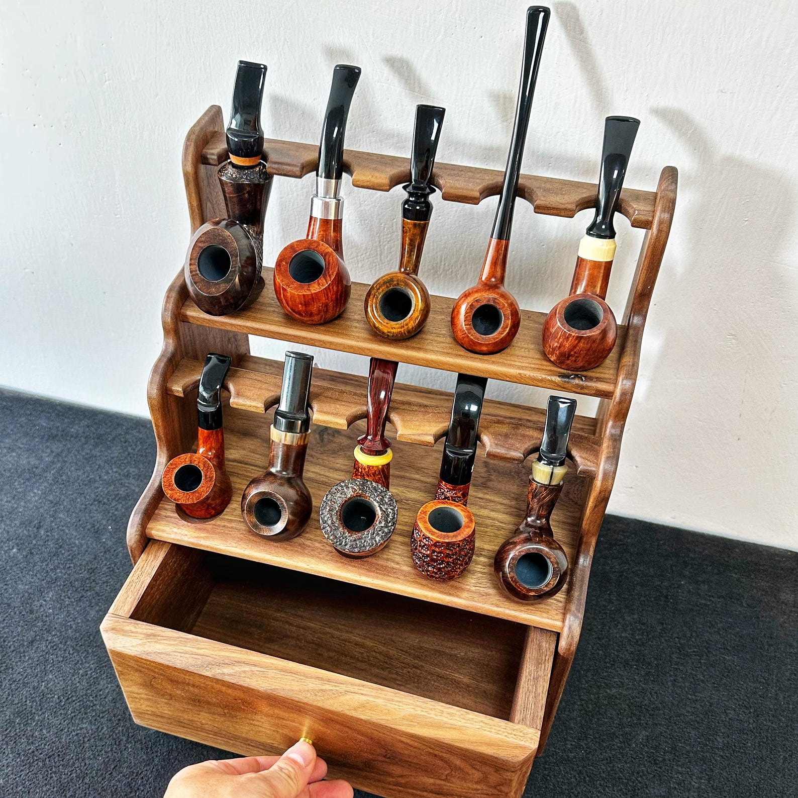 Timber Pipe Rack Walnut Wood Pipe Stand,tobacco Storage Box,stand for 10 Pipes,tobacco ...
