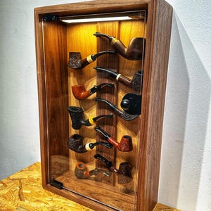 Tobacco pipes storage box,Display for 10 pipes,Made of walnut and maple,With Auto Sensor Light,smoking pipes rack,Gift for smokers