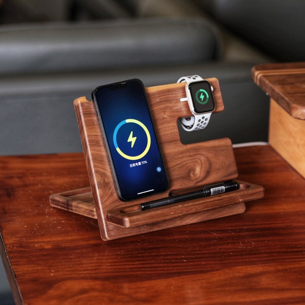 Wood Phone Docking Wireless Charging Station,Key Holder, Wallet Stand, Watch Organizer,personalized,Birthday Gift,Charger not included