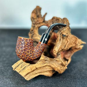 Brown hand carved texture Bent Billiard tobacco Briar Pipe,9 mm Filter, Acrylic Cigarette Mouthpiece,Gift for smoker