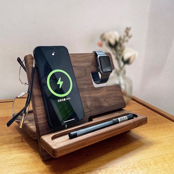 Wooden phone and store watch holder
