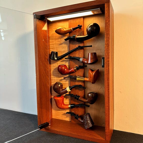 Solid Wood Tobacco Pipes Storage Box,display for 8/10 Pipes,with Auto  Sensor Light,smoking Pipes Rack,gift for Smokers