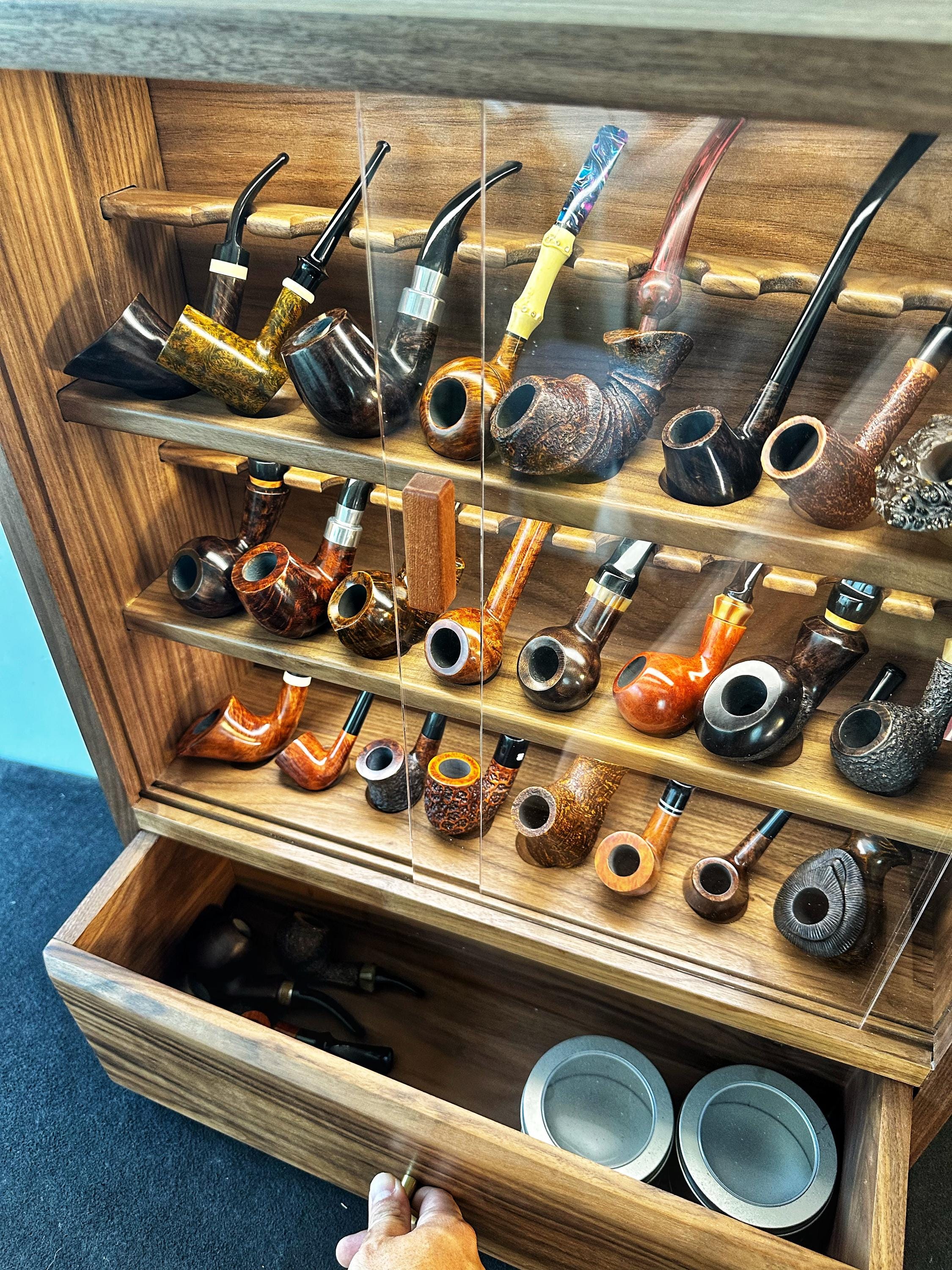 pipe tobacco shelf Tobacco Pipe Cabinet,stand for 24 Tobacco Pipe,equipped With Rechargeable  Sensor Lighting,tobacco Pipe Stand,gift for Husband