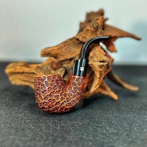 Brown hand carved texture Bent Billiard tobacco Briar Pipe,9 mm Filter, Acrylic Cigarette Mouthpiece,Gift for smoker