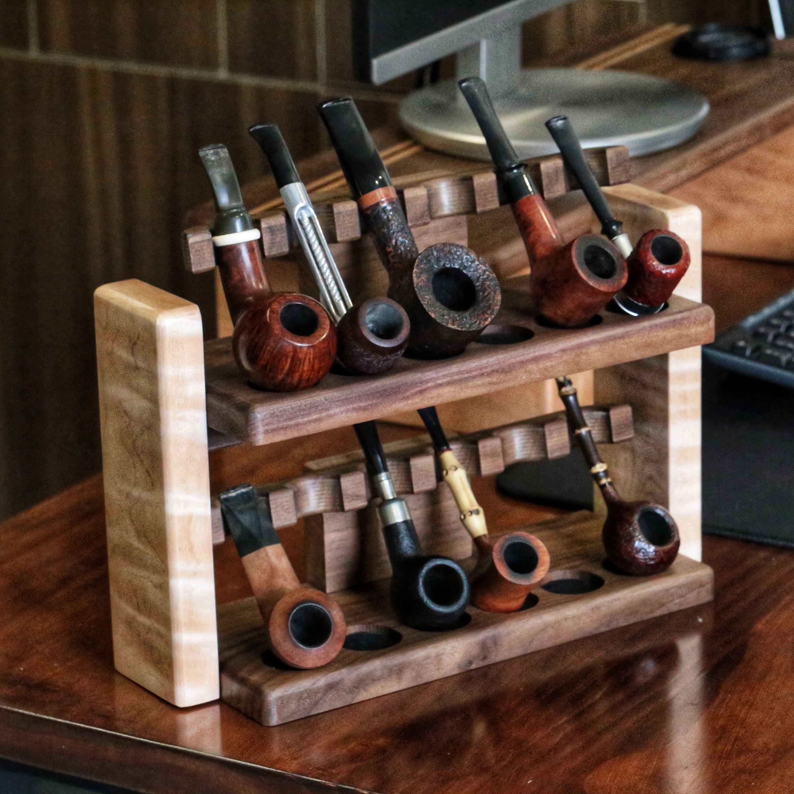 Pipes Rack,Stand For 12 PIPES, Black Walnut Wood ,Pipe Rack, Smoking Pipes Rack , Gift for smokers,smoking pipe storage,personalized