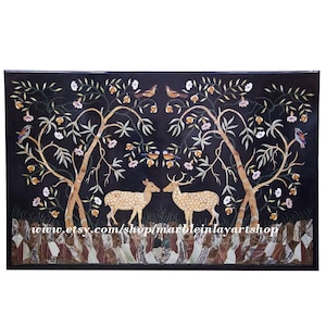 Black Marble Inlay Table / Dining Table , Pietra Dura Art Wall Decor / Wall Panel