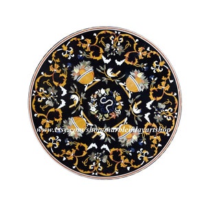 Pietra Dura Art Round Marble Table, Black Marble Inlay Coffee Table, Italian Inlay Pattern