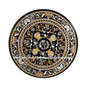 Black Marble Inlay Table Top, Round Marble Inlay Dining Table Pietra Dura Art Furniture