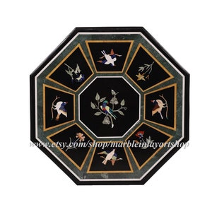 Black Marble Inlay Table Top, Birds Inlay Design Octagon Table , Pietra Dura Art Furniture