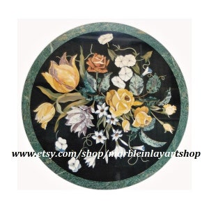 Black Marble Inlay Side Table, Pietra Dura Art Italian Pattern Home Decor Furniture