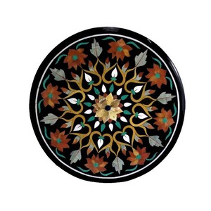 Black Marble Inlay Table, Pietra Dura Art Italian Pattern Home Decor Furniture