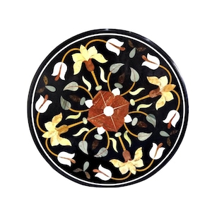 Marble Inlay Side Table, Black Stone Table Top Pietra Dura Art