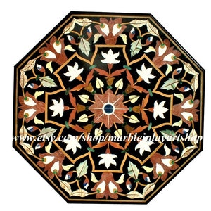 Black Marble Inlay Table Top, Pietra Dura Art Stone Table Top
