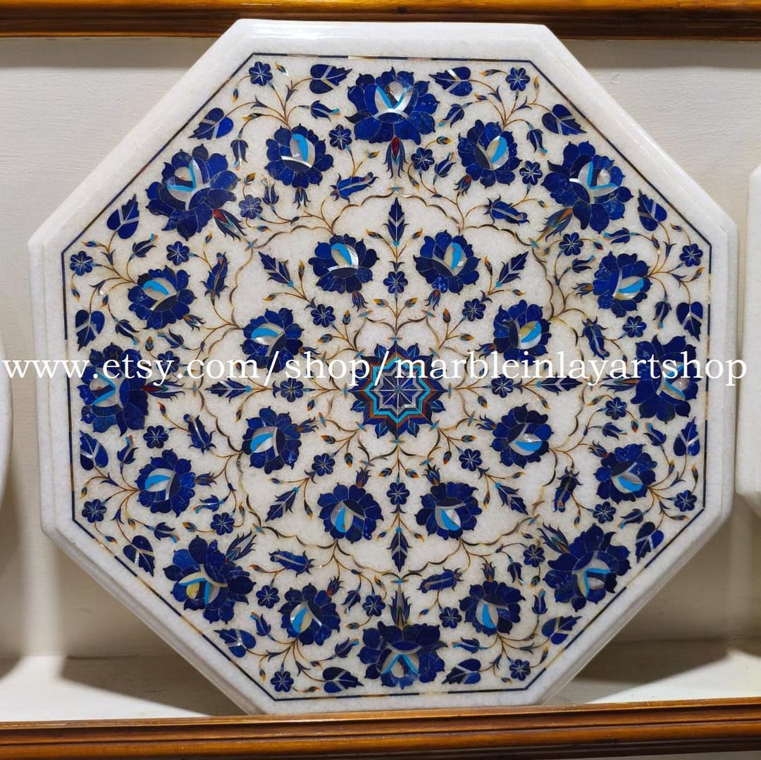 Lapis Lazuli Table, Blue Stone Top, White Marble Inlay Table, Handmade ...