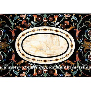 Black Marble Inlay Dining Table, Pietra Dura Art Table Top