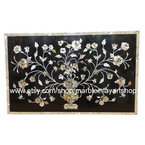 Black Marble Inlay Table / Dining Table , Pietra Dura Art Wall Decor / Wall Panel