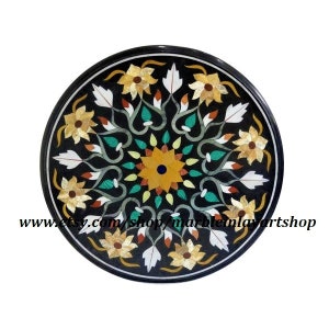 Black Marble Inlay Table, Pietra Dura Art Italian Pattern Home Decor Furniture