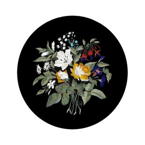 Black Marble Inlay Side Table, Pietra Dura Art Italian Pattern Home Decor Furniture