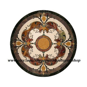 Black Marble Inlay Side Table, Pietra Dura Art Italian Pattern Home Decor Furniture, Round Marble Inlay Table