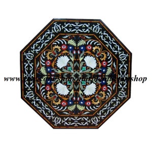 Black Marble Inlay Dining Table, Pietra Dura Art, Marble Table Top