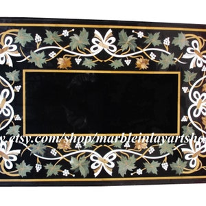 Black Marble Inlay Breakfast Table, Pietra Dura Art Grapes Inlay Design Eating Table / Kitchen Table