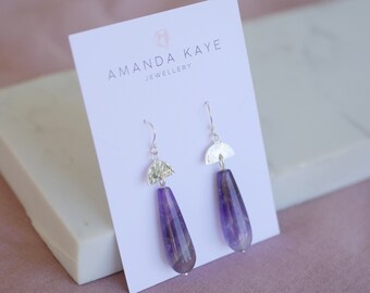 Amethyst Drop Earrings with textured silver detail