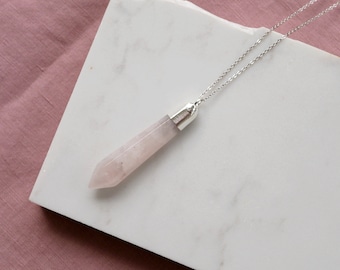Rose Quartz Wand – Silver Plated Electroformed Pendant