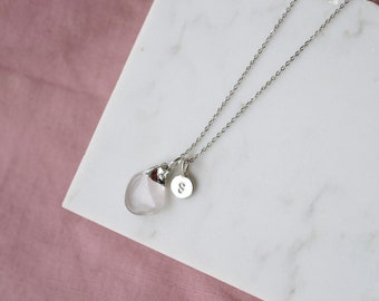 Small pale Rose Quartz #2 + Custom Sterling Silver Stamped Initial Disc