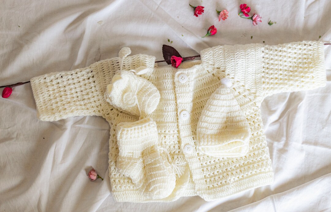 Hand Knitted Baby Set, Crochet Sweater Set, Baby Toddler Dress, Sweater