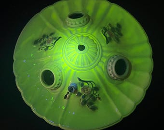 RARE Vintage Porcelier Flush Mount Floral Bare Bulb 3-Socket Ceiling Light Fixture with Scalloped Edge, Dimensional Flowers & Uranium Glaze