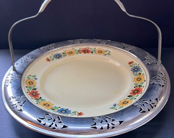 Vintage 1930’s Ceramic Pottery Sebring Maise Dish with Aluminum Trim and Handle w/Radioactive Uranium Glaze
