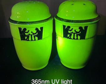 Captivating Vintage Hall Silhouette Tavern Salt & Pepper Shakers Ceramic Pottery w/Radioactive Uranium Glaze