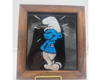 Vintage Framed Smurf Foil Art Wall Hanging Carnival Prize Souvenir