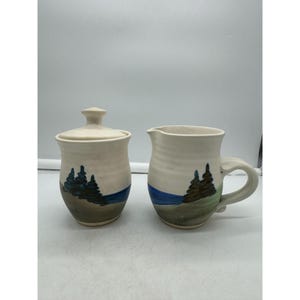 Studio Art Pottery Artist Signed Cream and Sugar Set Landscape Scene