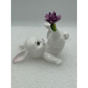 Vintage White Porcelain Bunny Rabbit Balancing Purple Flower Figurine
