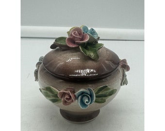 Vintage Capodimonte Italy Ceramic Covered Trinket Dish Storage Jar Flowers-AS IS
