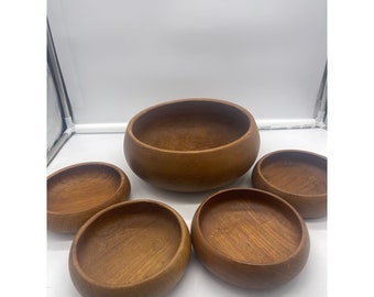 Vintage Wood Salad Bowl Set 5 Pieces MCM