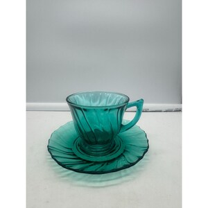 Vintage Jeannette Glass Ultramarine Swirl Teal Tea Cup and Saucer