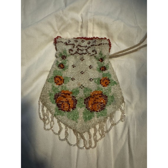 Antique Victorian Micro Beaded Drawstring Purse Pouch Roses  display picture 2