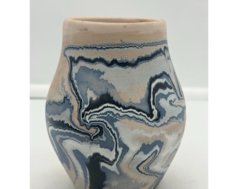 Vintage Nemadji Pottery Vase Blue Swirl 6 Inch
