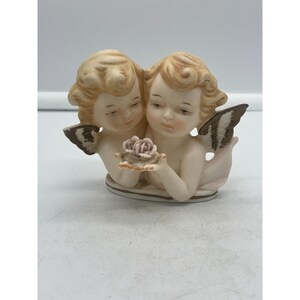 Vintage Bisque Angels Cherubs Holding Flowers Figurine