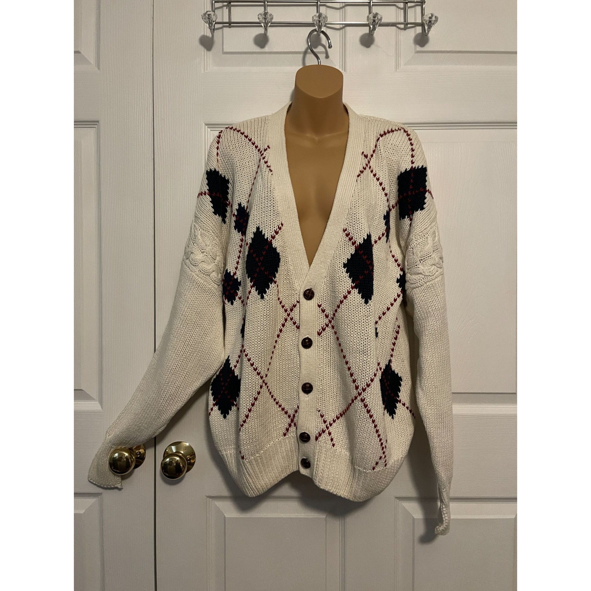 Casual V-neck argyle cable knit long sweater main image 0