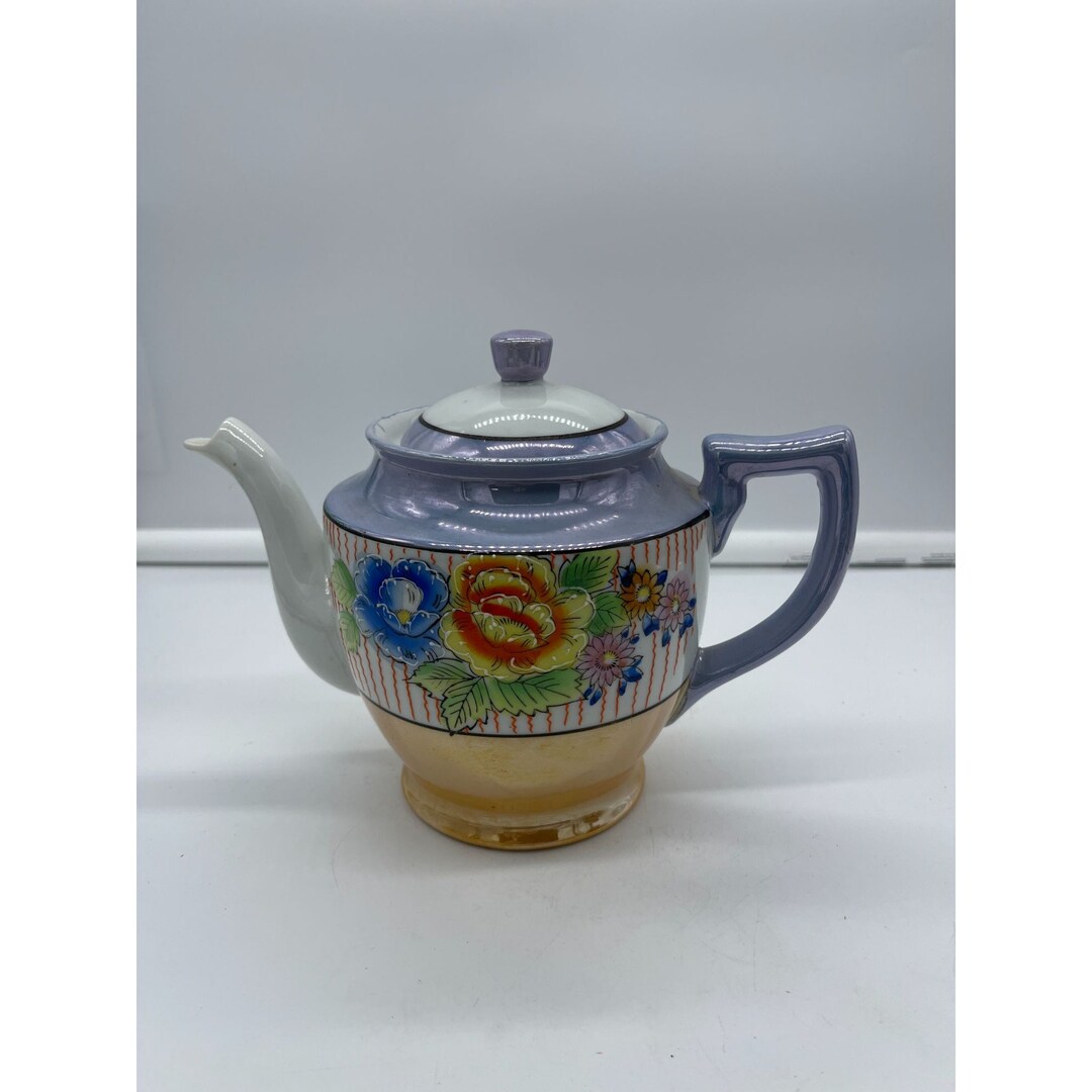 Vintage Lusterware Teapot Blue and Peach With Moriage Flowers Japan Etsy