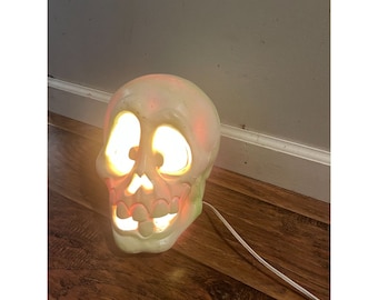 Vintage Trendmasters Blow Mold Light Up Green Skull Halloween Decoration