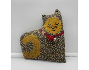 Vintage Hand Made Calico Patchwork Stuffed Cat Pillow with Bell Folk Art