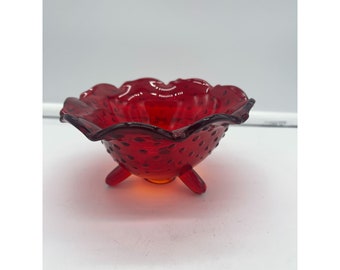 Red Amberina Glass Hobnail Scalloped Edge Footed Candy Dish