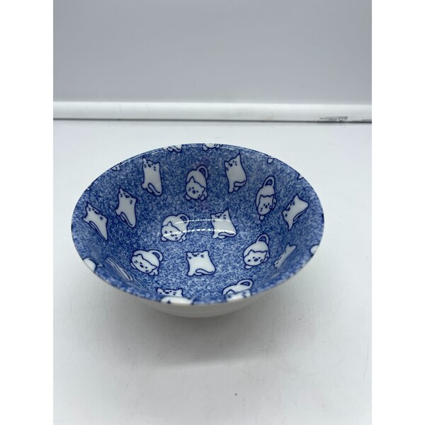 Blue and White Japanese Rice Bowl with Cat Print
