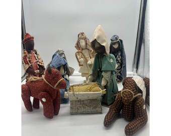 Vintage Handmade Folk Art Cloth Nativity Set 8 Piece Christmas Decor